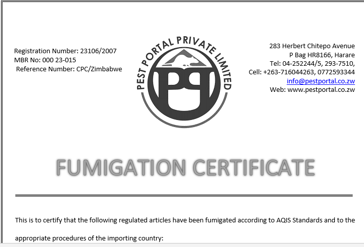 What is a fumigation certificate in export fumigation in Zimbabwe?